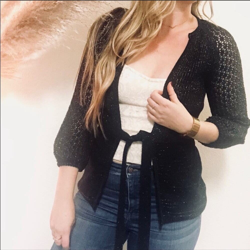 NEW TAHARI Black Gold Open Weave Tie Front Bell Sleeve Cardigan Sweater Medium